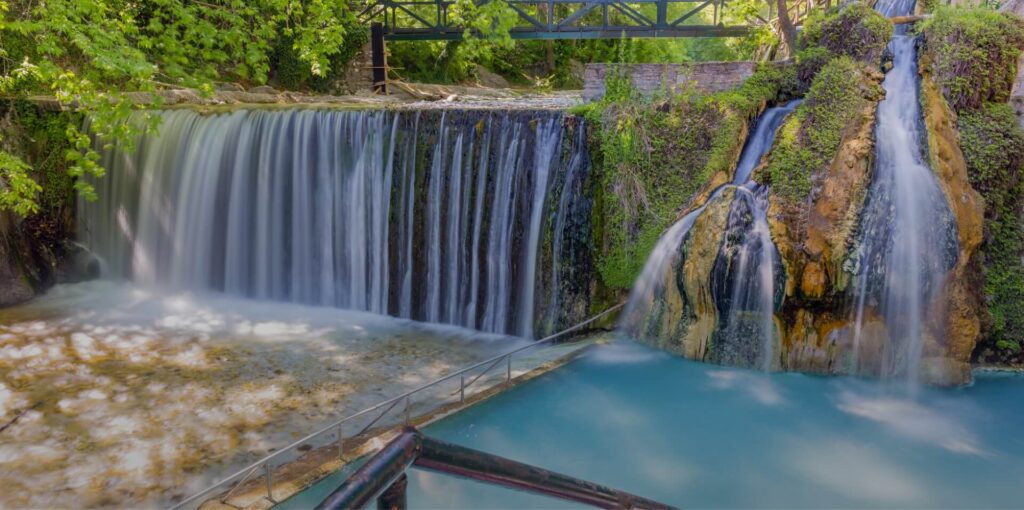 Pozar Thermal Springs river and bridge in Edessa, Greece